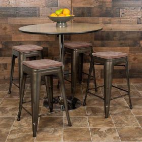 24 High Metal Counter-Height, Indoor Bar Stool with Wood Seat in Gun Metal Gray - Stackable Set of 4