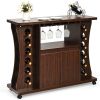 Rolling Buffet Sideboard Wooden Bar Storage Cabinet